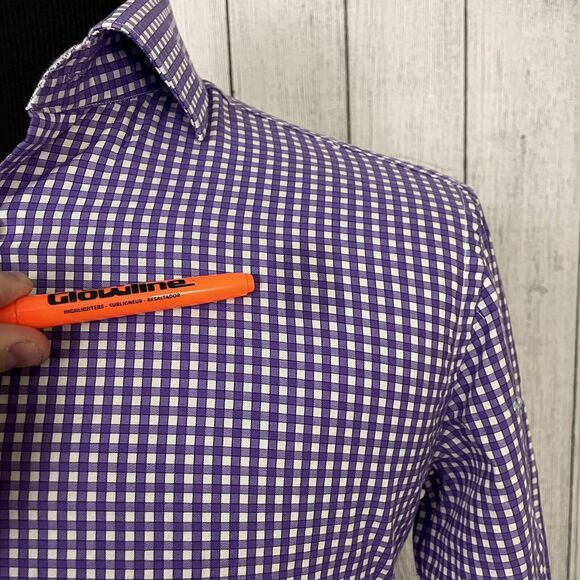 Bugatchi Uomo Men's Size 15 Purple & White Gingham Contrast Cuff Dress Shirt - Picture 5 of 8